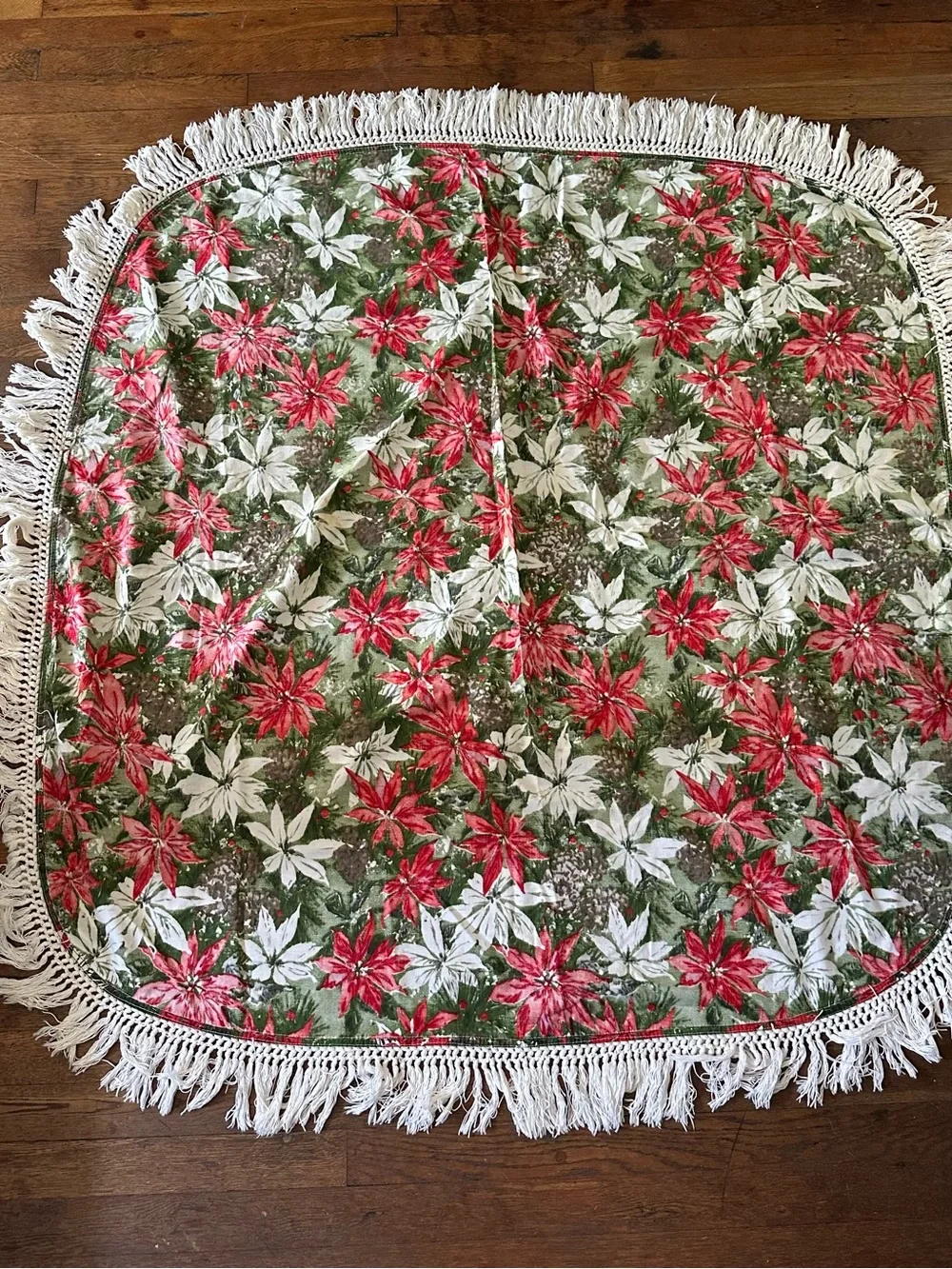 VTG Christmas Tablecloth 1960’s Red Poinsettia Holly Pinecones Fringe Square